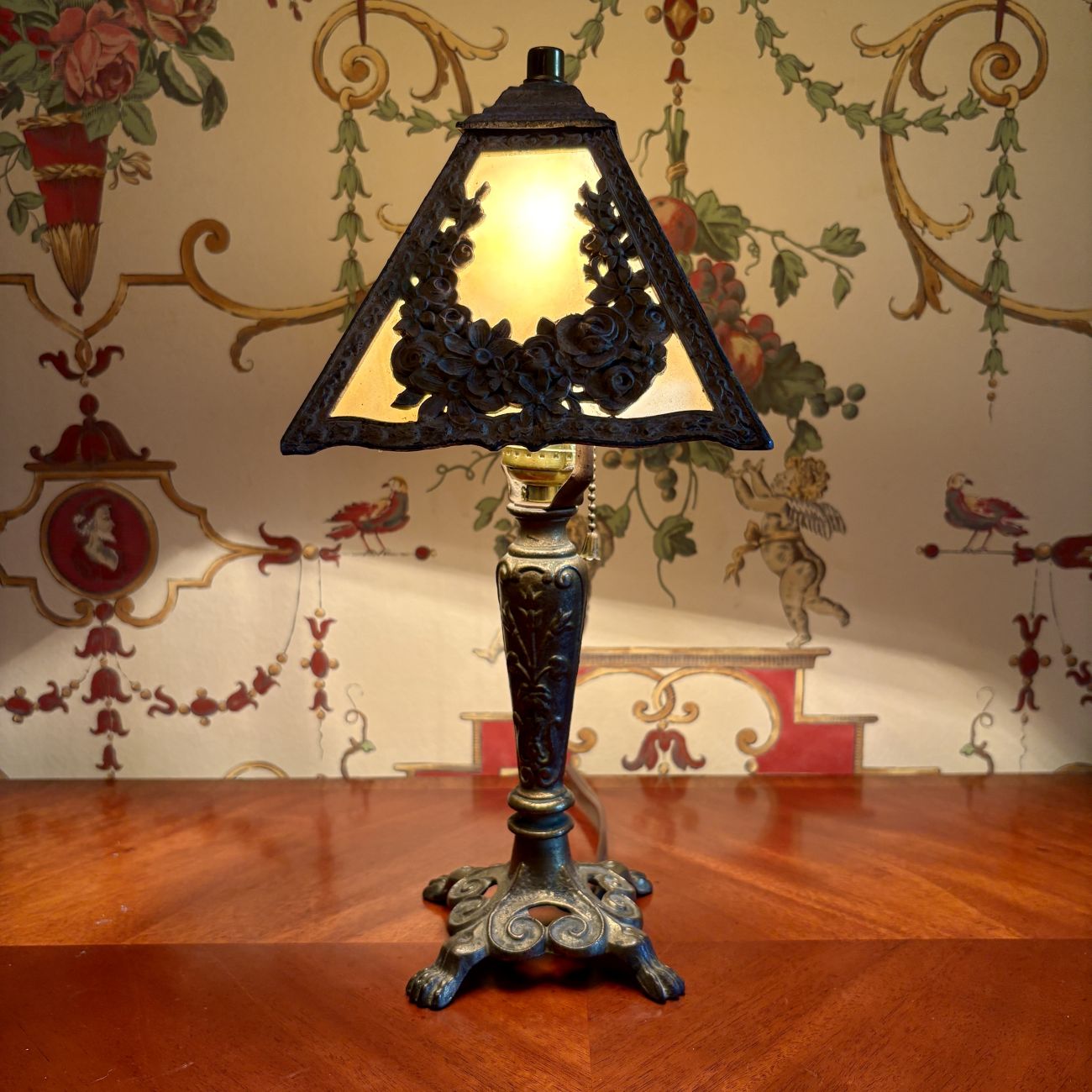 Slag Glass and Cast Metal Floral Filigree Boudoir Lamp