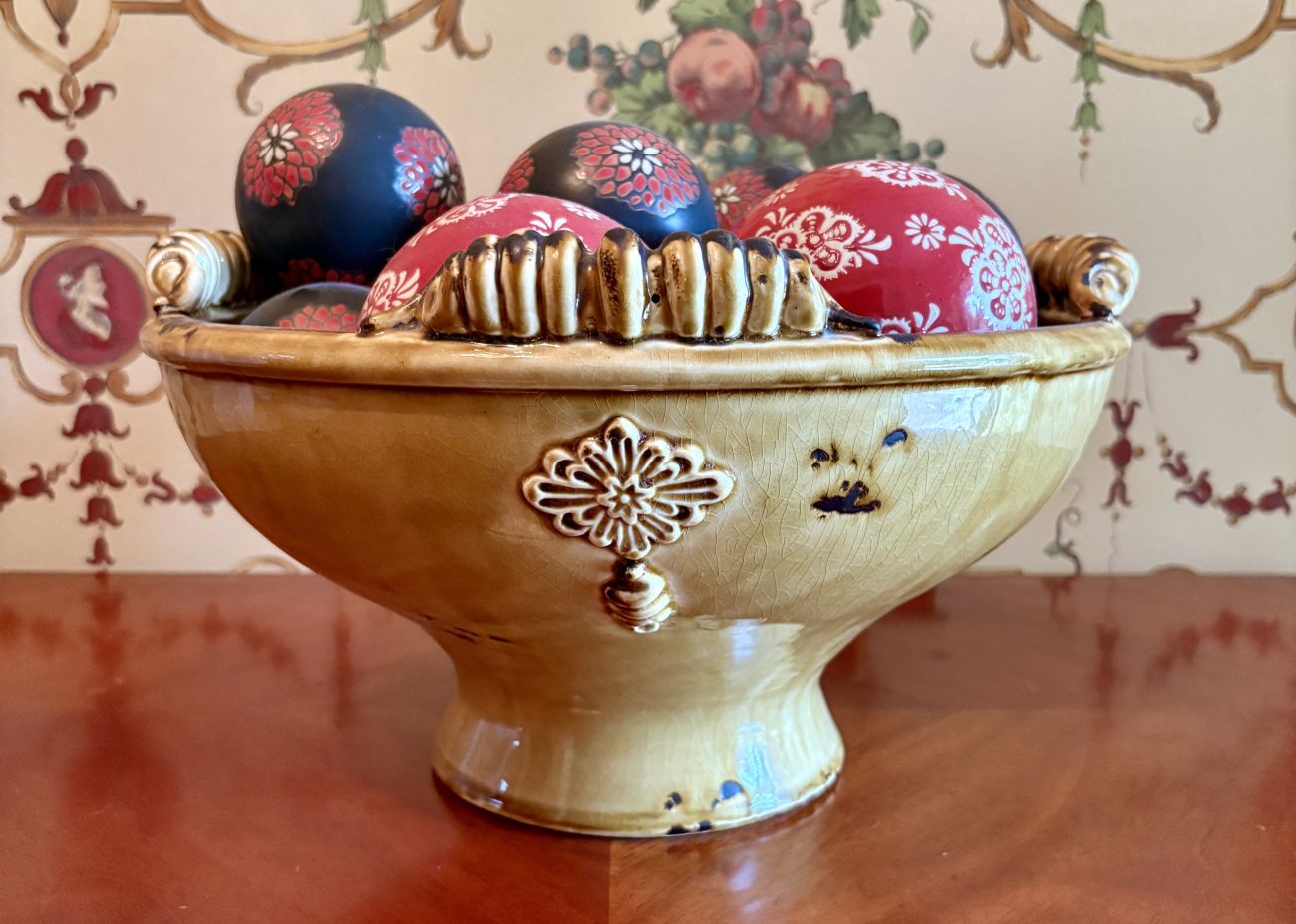 Glazed Earthenware Pedestal Centerpiece Bowl with a Collection of Decorative Spheres