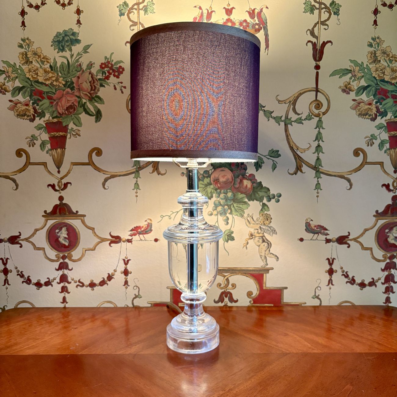 Neoclassical Style Clear Glass and Chrome Table Lamp with Plum Drum Shade