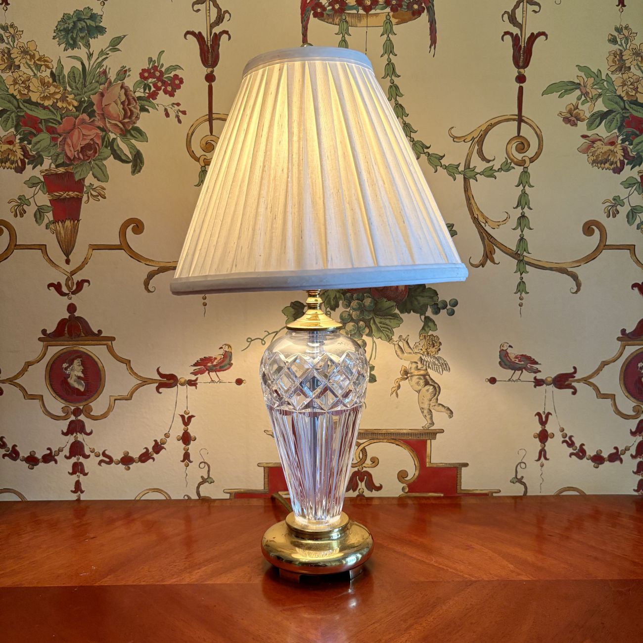 Cut Crystal and Brass Electric Table Lamp with Pleated Bell Shade