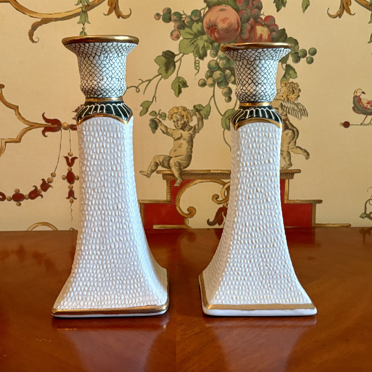A Pair of Kinder-Harris Porcelain Fish Scale Pattern Candlesticks Dated 1989