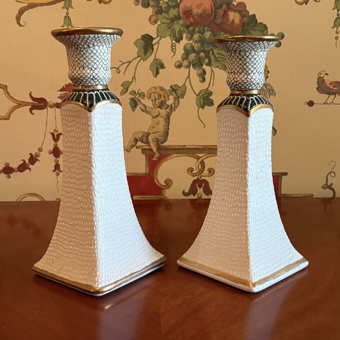 A Pair of Kinder-Harris Porcelain Fish Scale Pattern Candlesticks Dated 1989