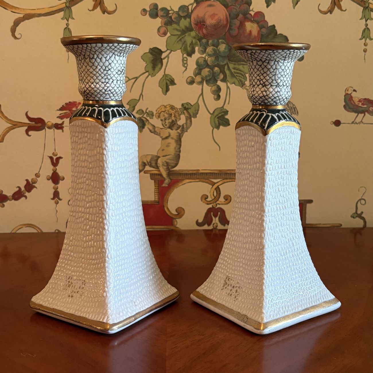 A Pair of Kinder-Harris Porcelain Fish Scale Pattern Candlesticks Dated 1989