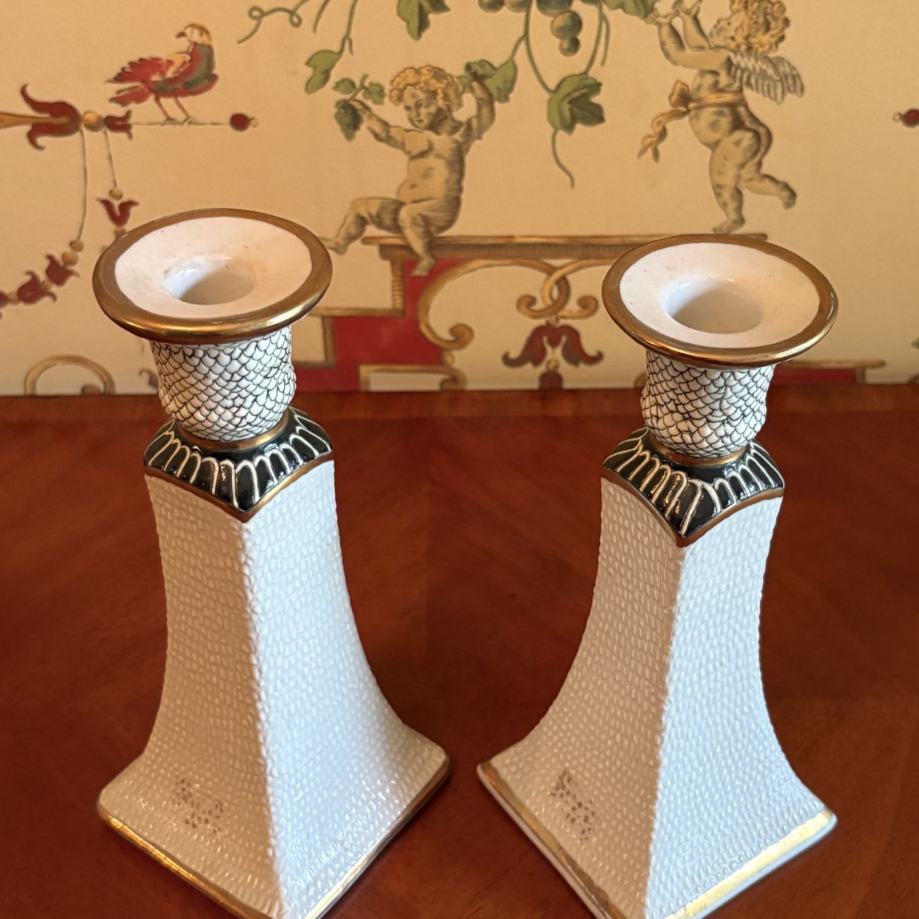 A Pair of Kinder-Harris Porcelain Fish Scale Pattern Candlesticks Dated 1989