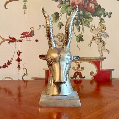Cast Brass African Antelope Head Sculpture on Rectangular Plinth. A sculptural bust depicting a 