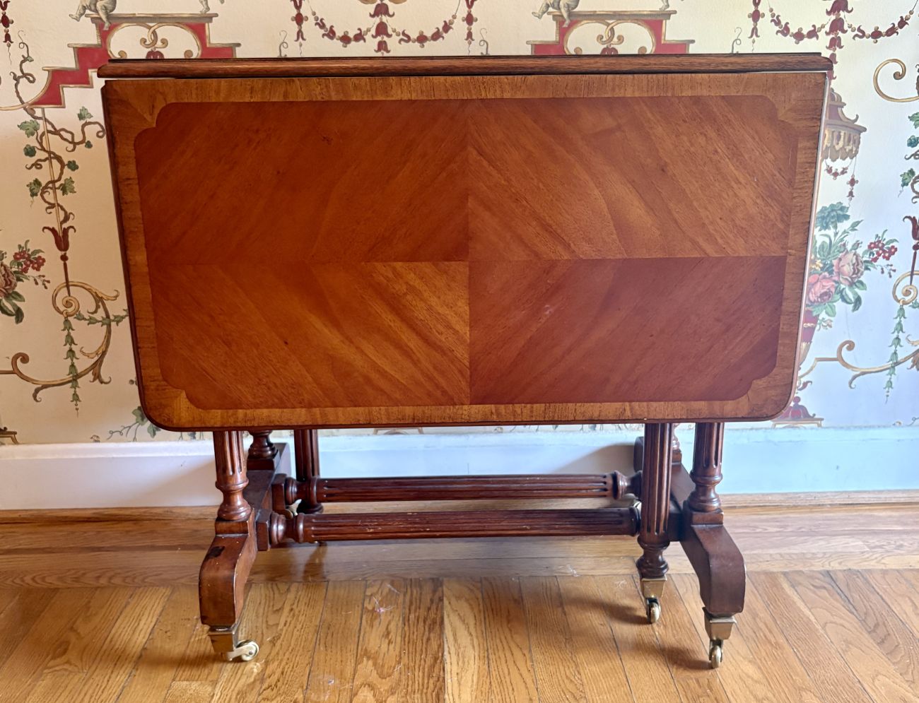 Mahogany Veneer Sutherland Drop Leaf Gate Leg Table with Brass Casters
