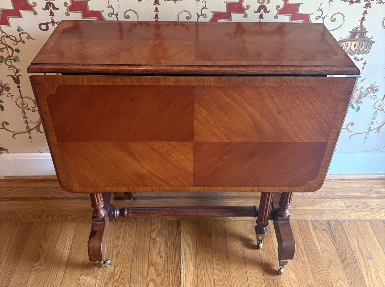 Mahogany Veneer Sutherland Drop Leaf Gate Leg Table with Brass Casters