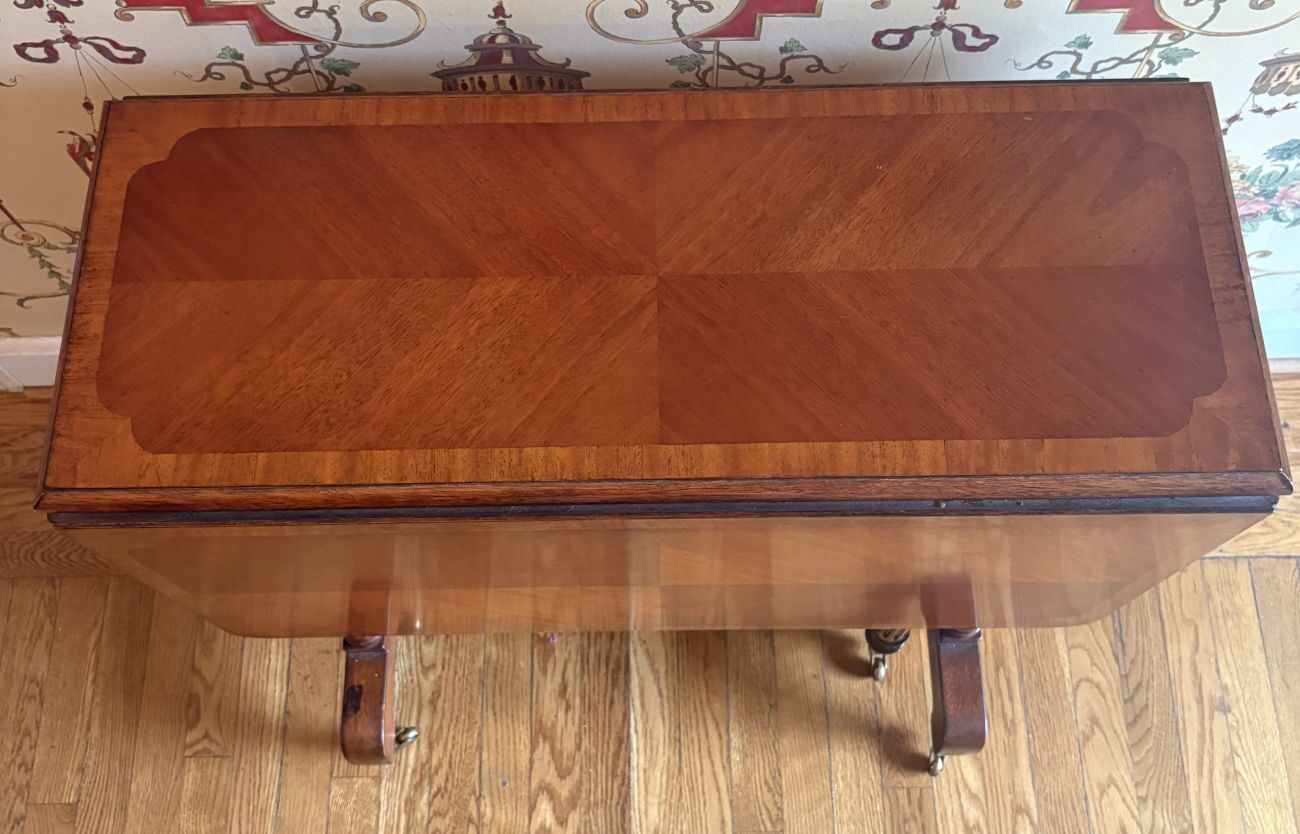 Mahogany Veneer Sutherland Drop Leaf Gate Leg Table with Brass Casters