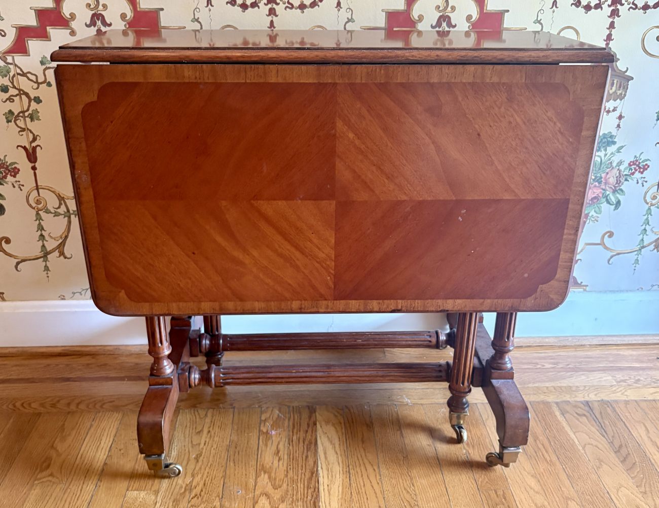 Mahogany Veneer Sutherland Drop Leaf Gate Leg Table with Brass Casters