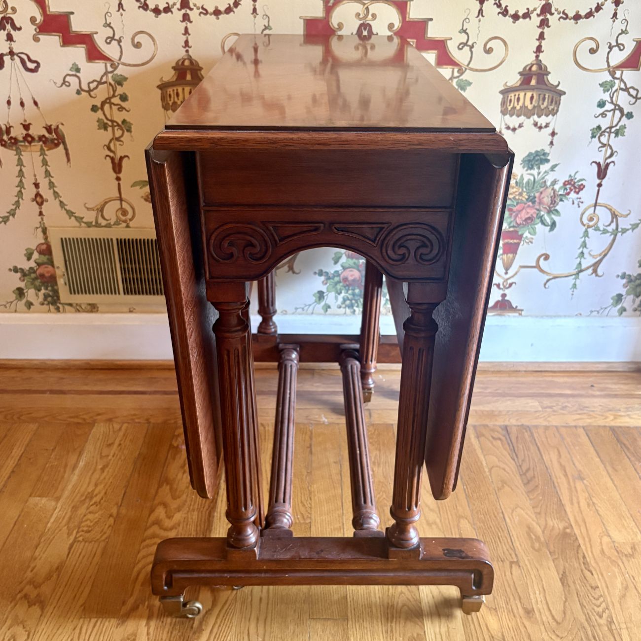 Mahogany Veneer Sutherland Drop Leaf Gate Leg Table with Brass Casters