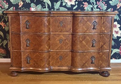 Vintage French Provincial Style Serpentine Parquetry Three Drawer Chest. FOR PICK UP OR 