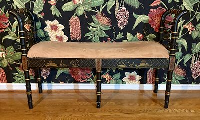 Chinoiserie Faux Bamboo Ebonized and Gilt Painted Six Leg Window Bench. FOR PICK UP OR TRANSPORT 