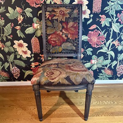 Neoclassical Style Side Chair with Floral Needlepoint Upholstery. A single neoclassical style 