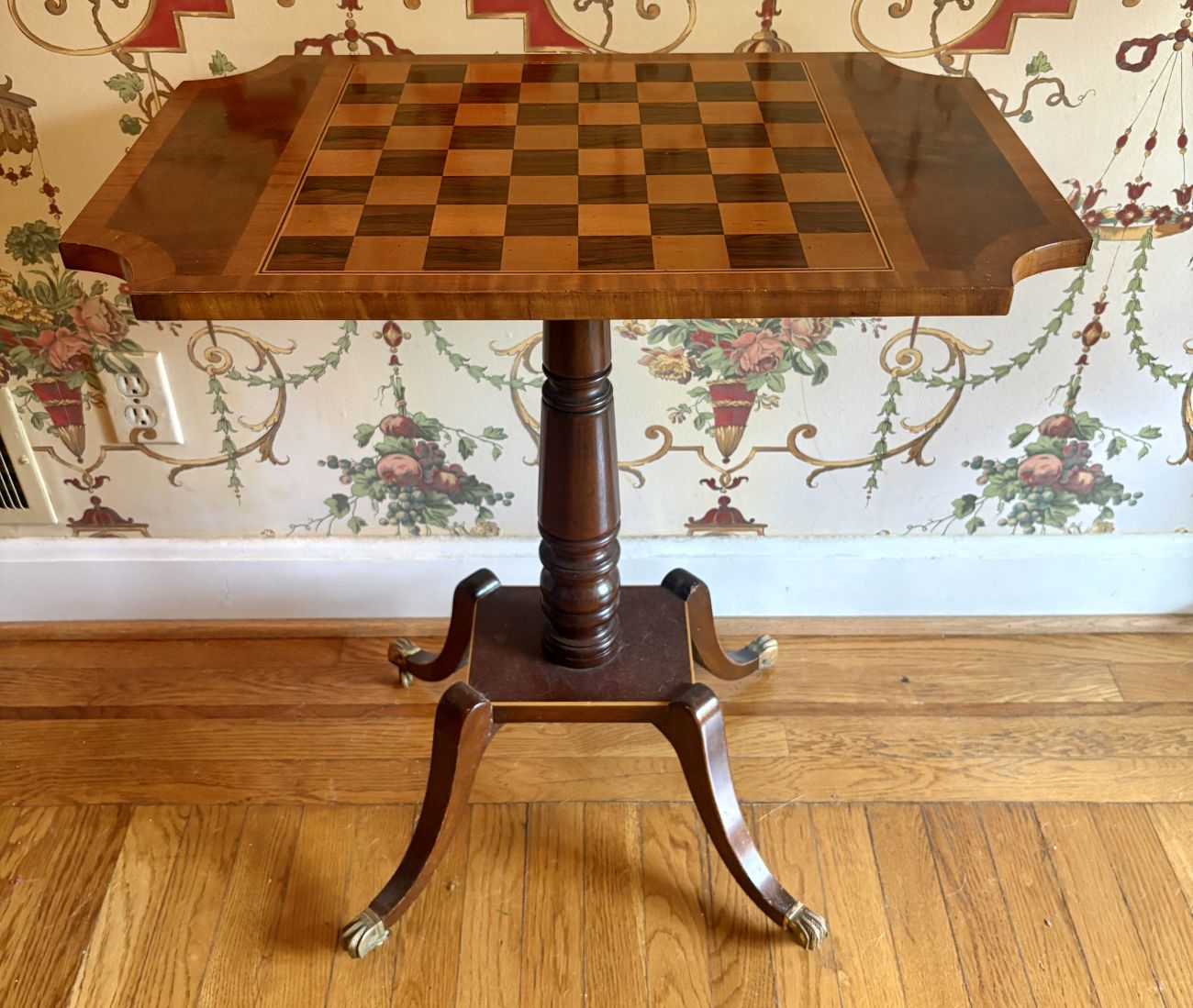 Federal Style Mahogany Pedestal Game Table with Inlaid Top and Brass Claw Feet