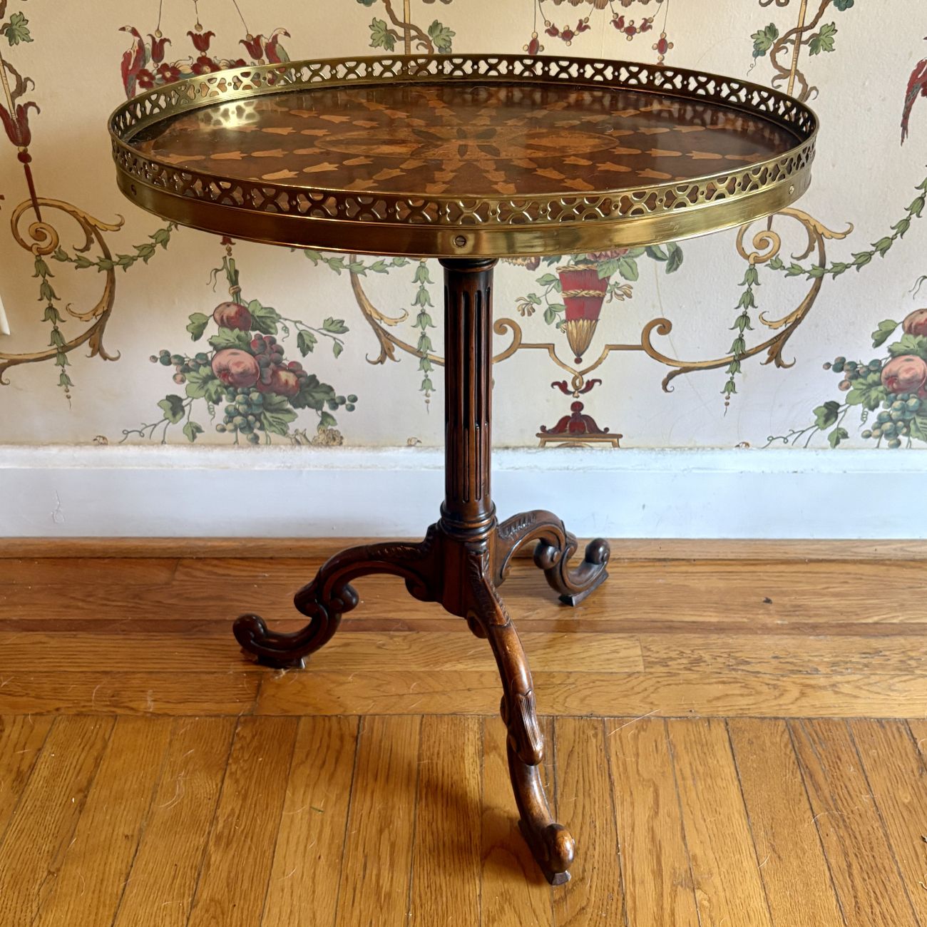 George III Style Mahogany Tripod Side Table with Parquetry Inlay and Pierced Brass Gallery