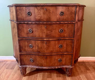 Italian Baroque Style Bombe Fruitwood Chest of Four Drawers. FOR PICK UP OR TRANSPORT ONLY, WILL 