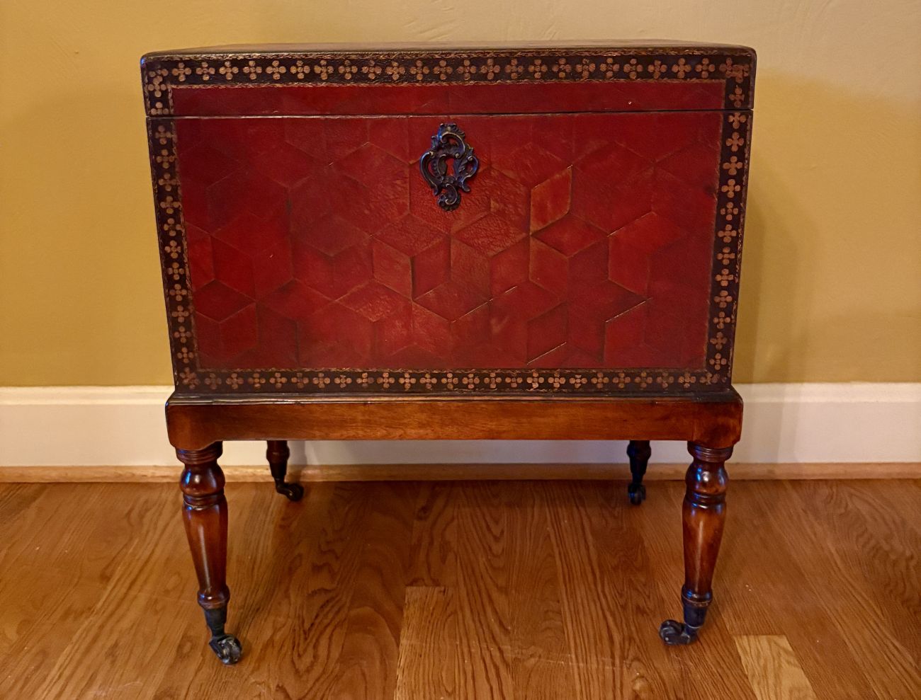 Red Tooled Leather Covered Chest on Stand
