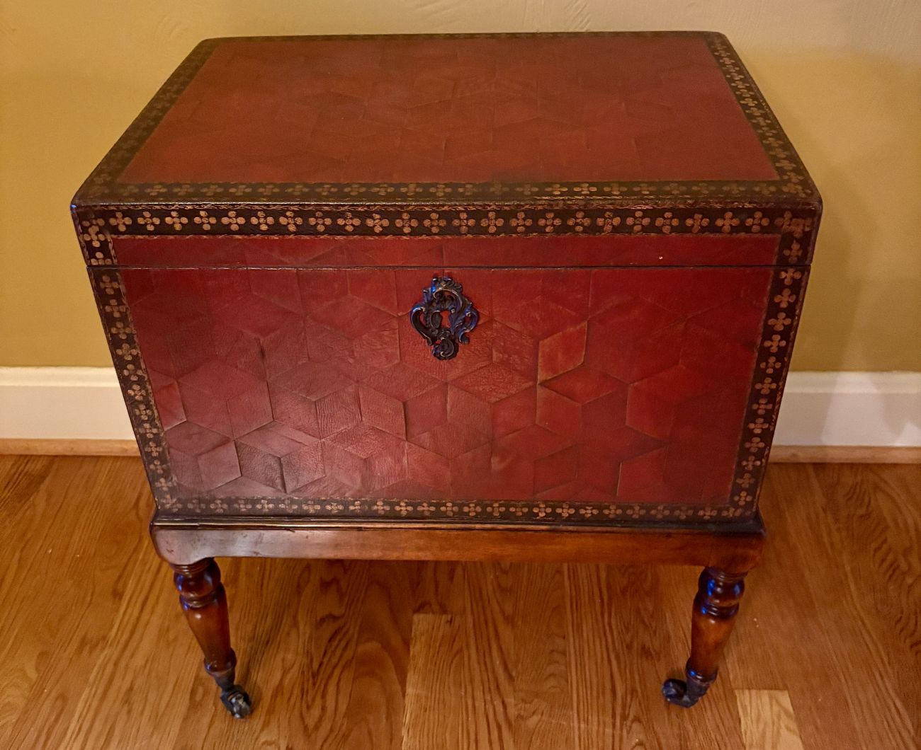Red Tooled Leather Covered Chest on Stand