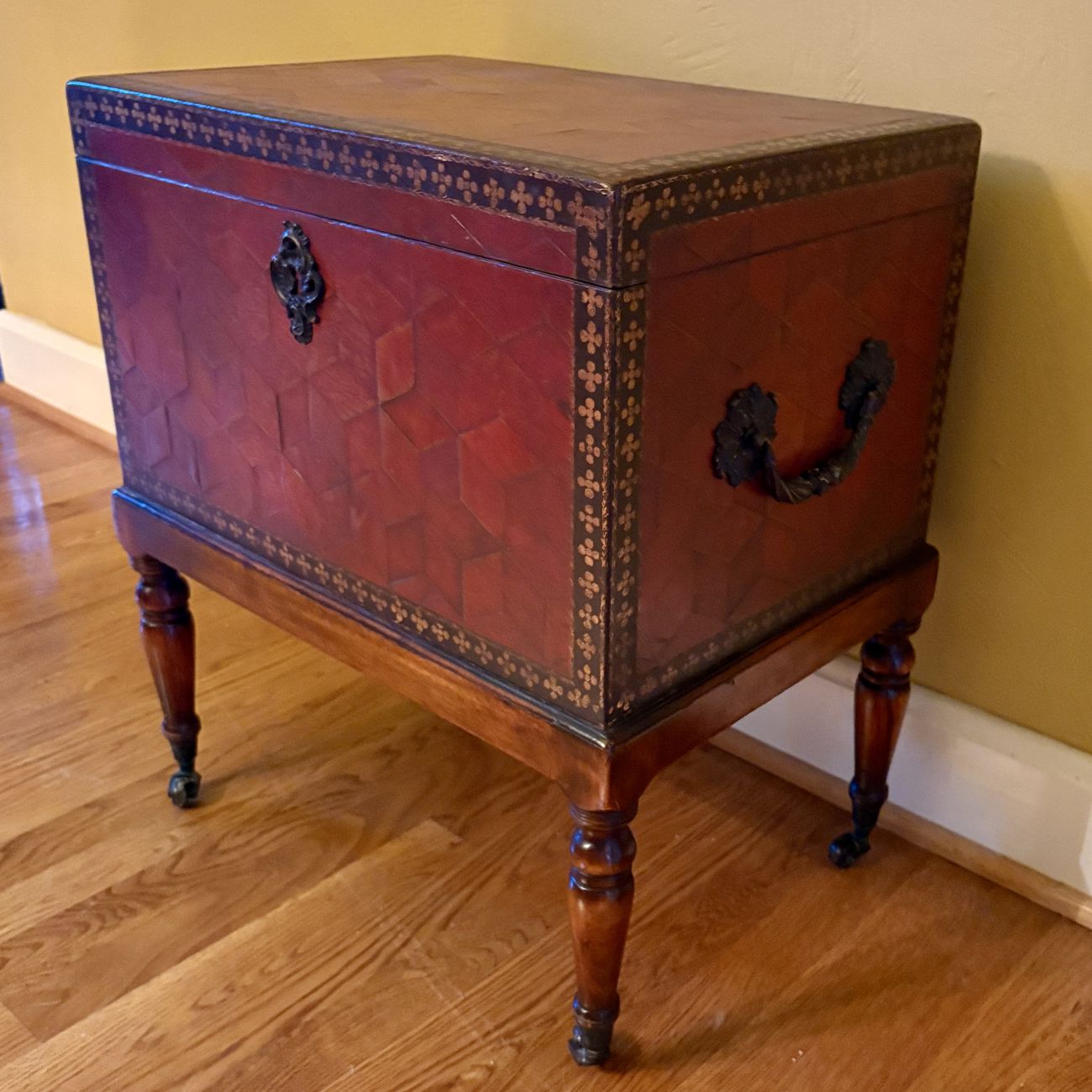 Red Tooled Leather Covered Chest on Stand