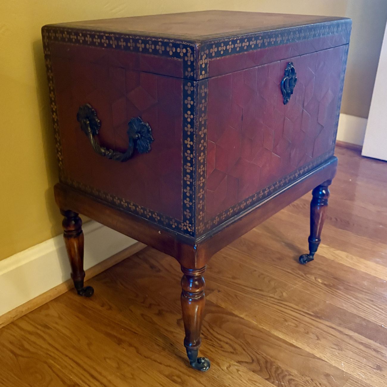 Red Tooled Leather Covered Chest on Stand