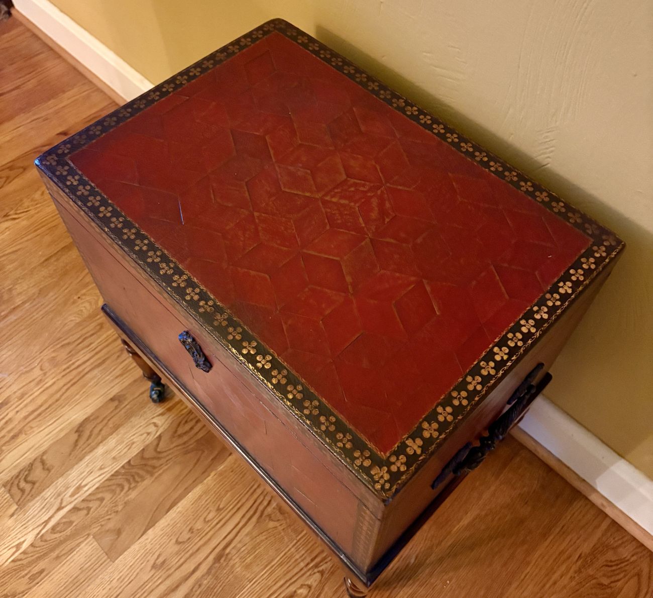Red Tooled Leather Covered Chest on Stand