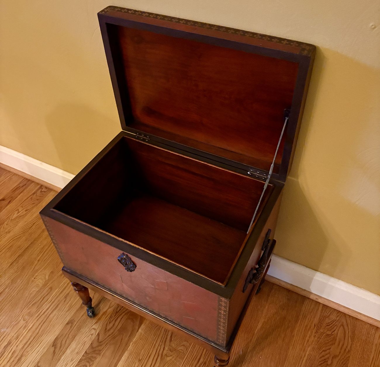 Red Tooled Leather Covered Chest on Stand