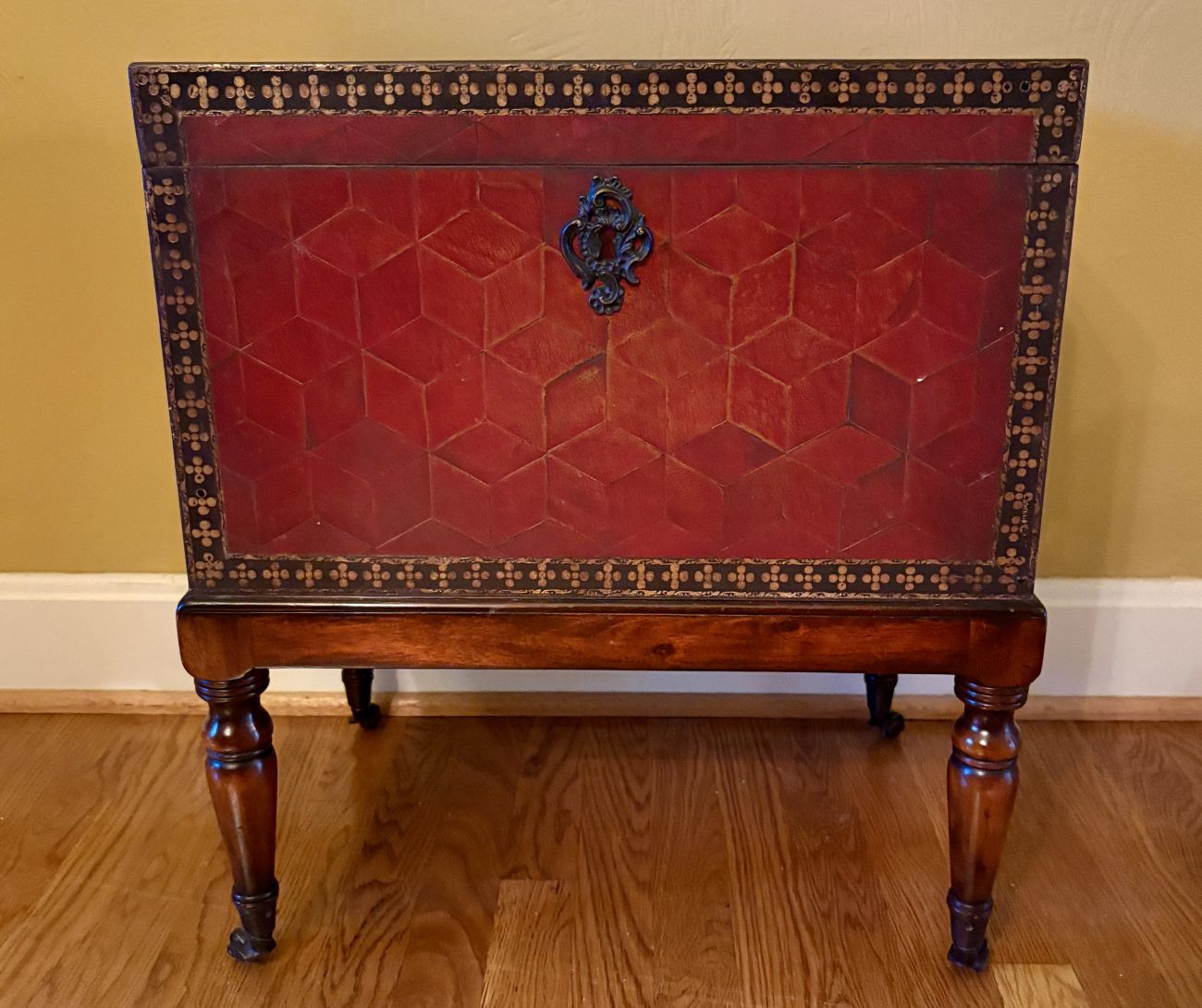 Red Parquetry Leather Bound Chest on Stand