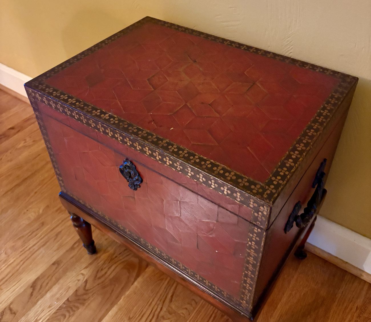 Red Parquetry Leather Bound Chest on Stand