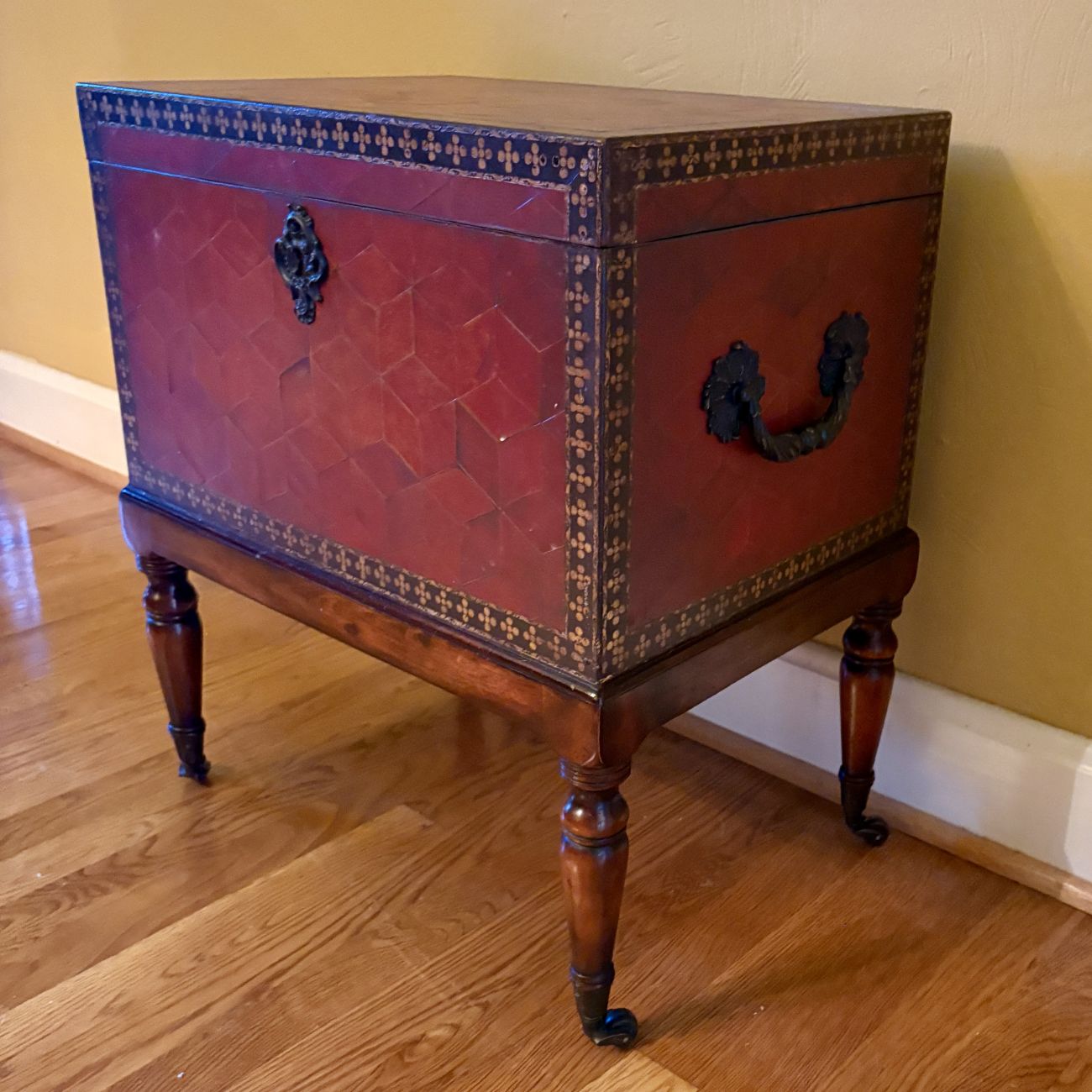 Red Parquetry Leather Bound Chest on Stand