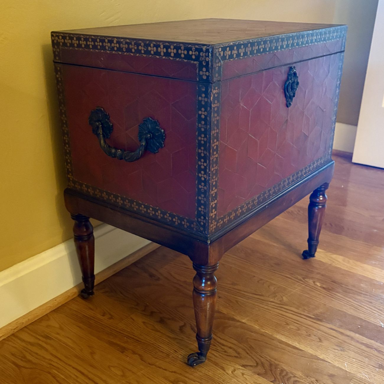 Red Parquetry Leather Bound Chest on Stand
