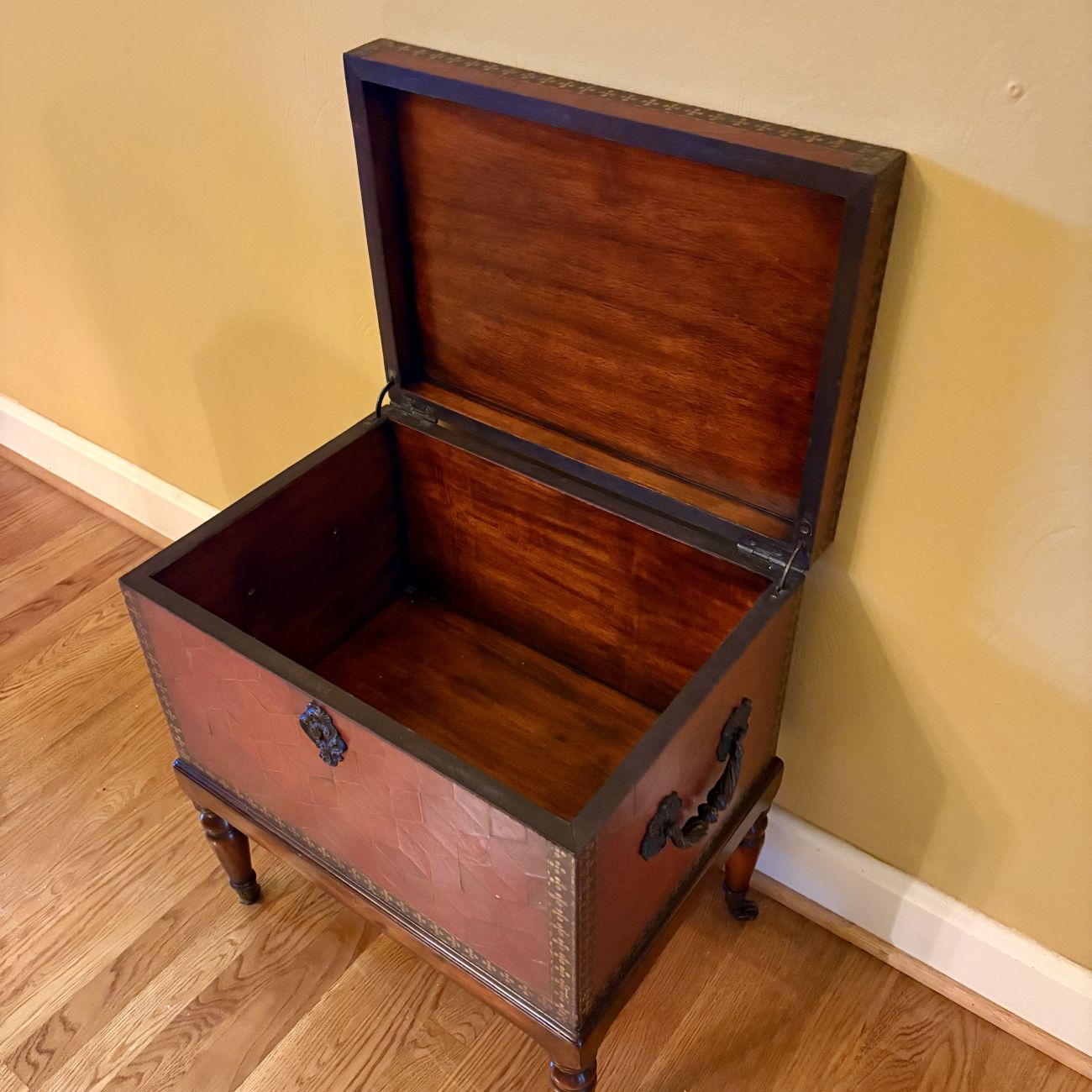 Red Parquetry Leather Bound Chest on Stand
