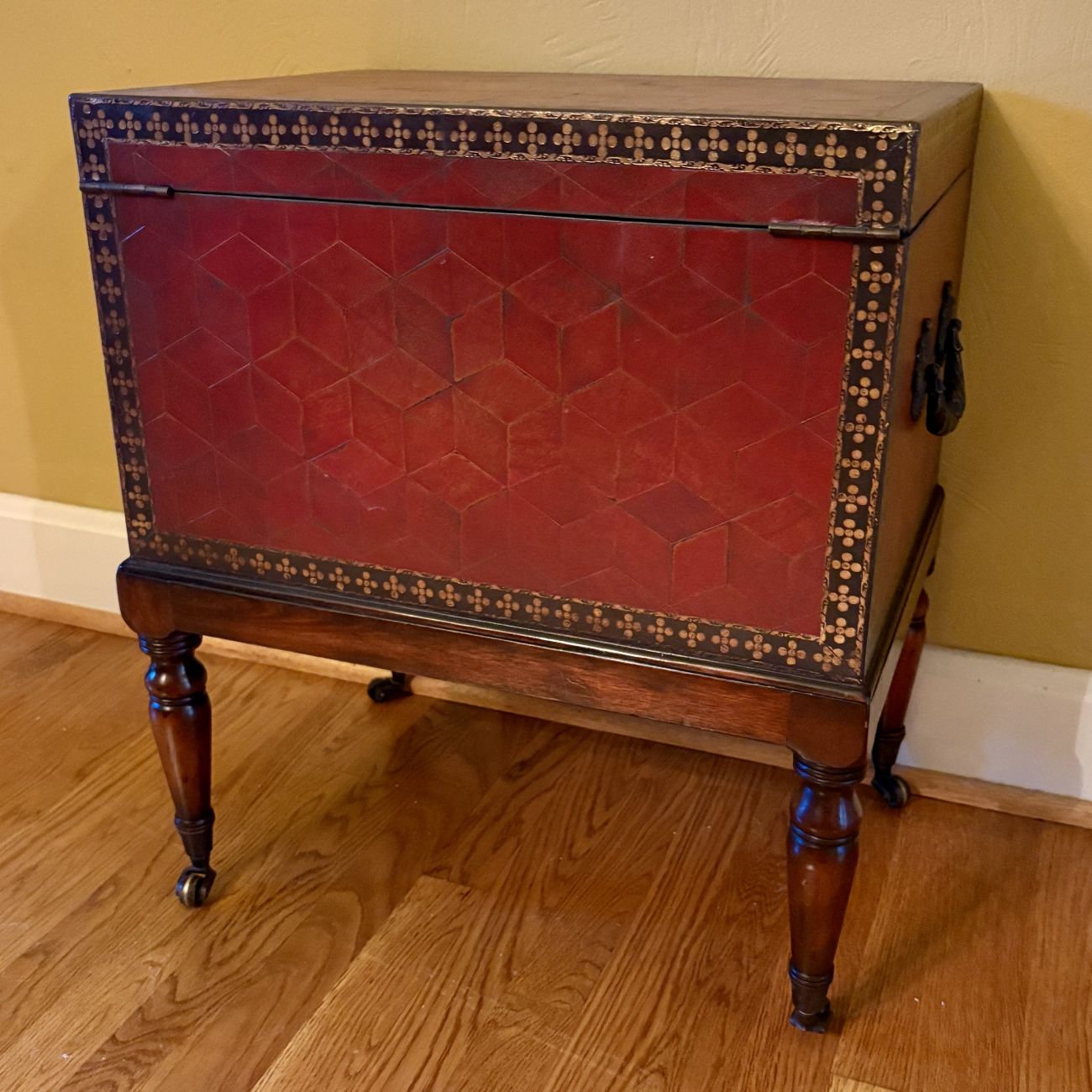 Red Parquetry Leather Bound Chest on Stand