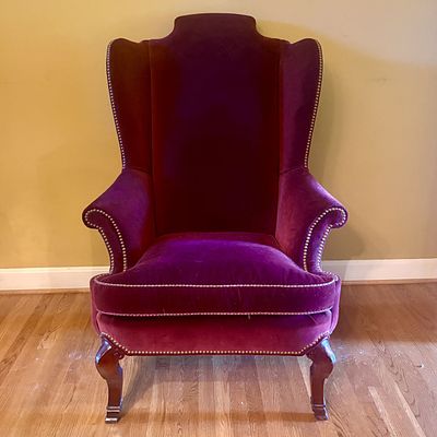 Hickory Chair Queen Anne Style Extra Tall Back Velvet Wingback Armchair. FOR PICK UP OR 