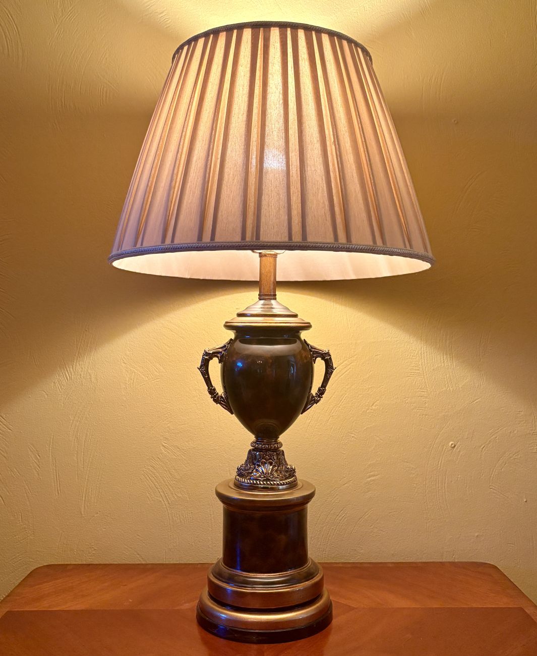 Large Urn Form Table Lamp with Dolphin Handles and Pleated Shade