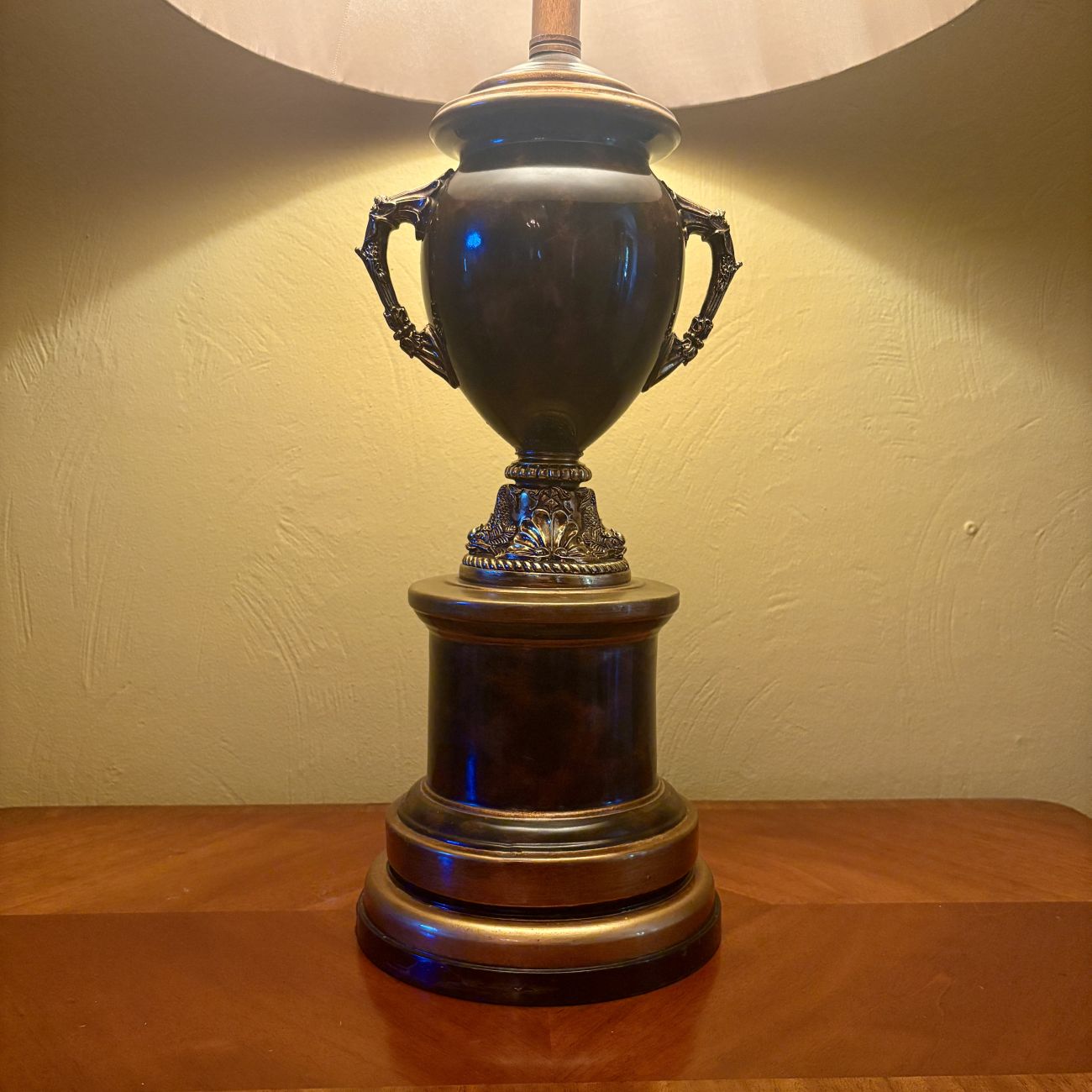Large Urn Form Table Lamp with Dolphin Handles and Pleated Shade