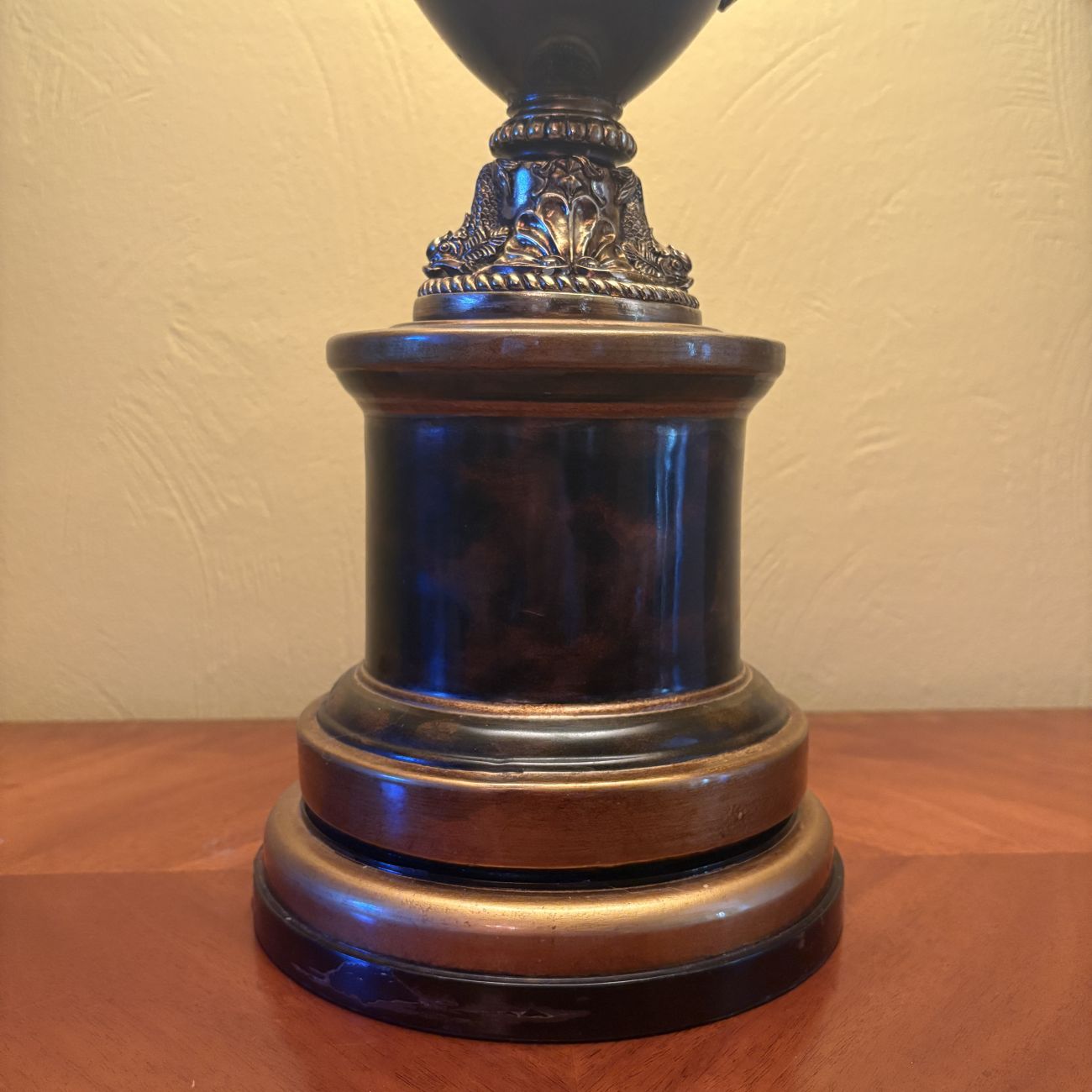 Large Urn Form Table Lamp with Dolphin Handles and Pleated Shade