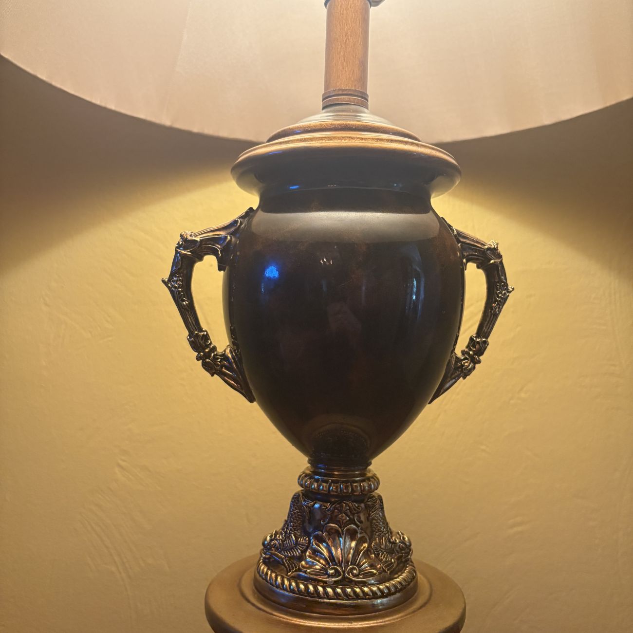 Large Urn Form Table Lamp with Dolphin Handles and Pleated Shade
