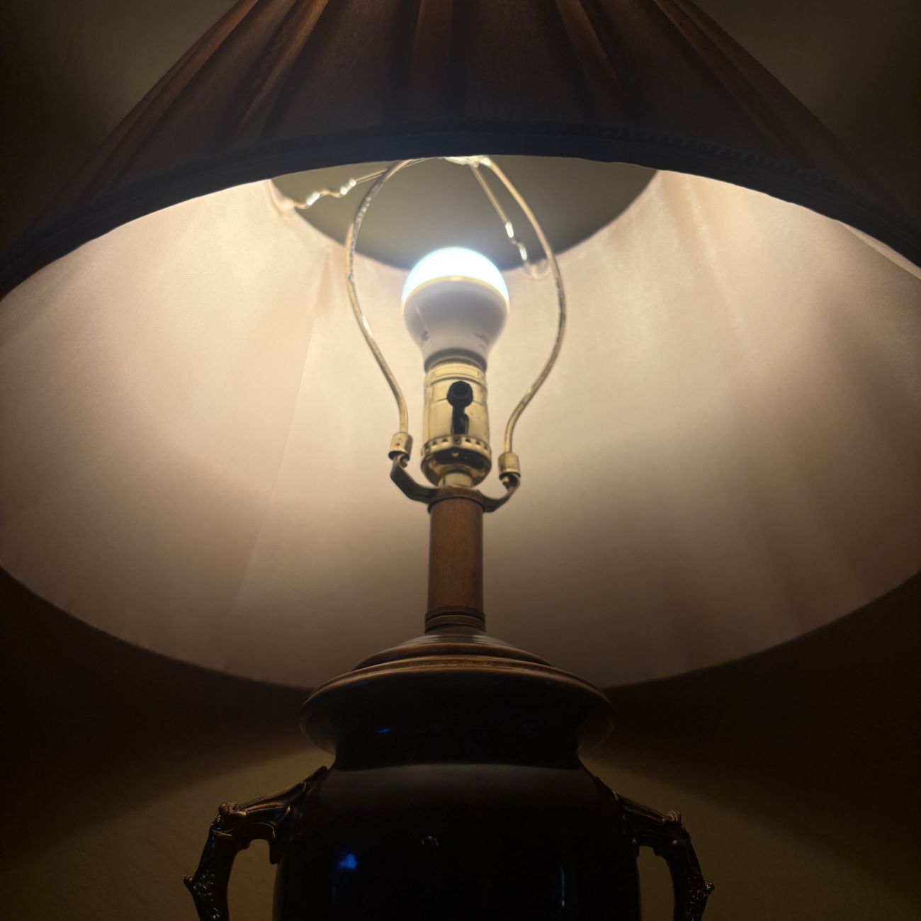Large Urn Form Table Lamp with Dolphin Handles and Pleated Shade