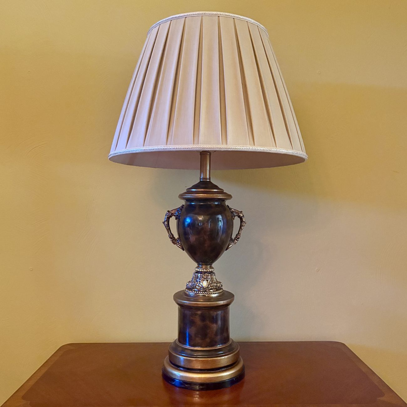 Large Urn Form Table Lamp with Dolphin Handles and Pleated Shade