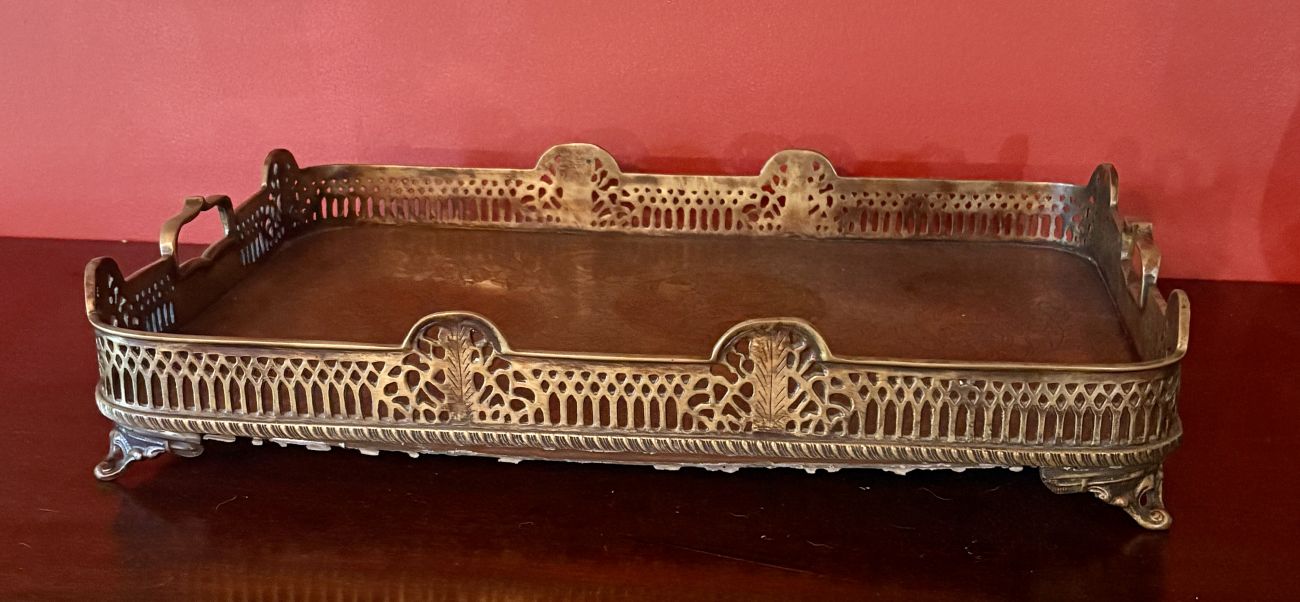 Castilian Large Rectangular Brass Gallery Tray with Etched Interior