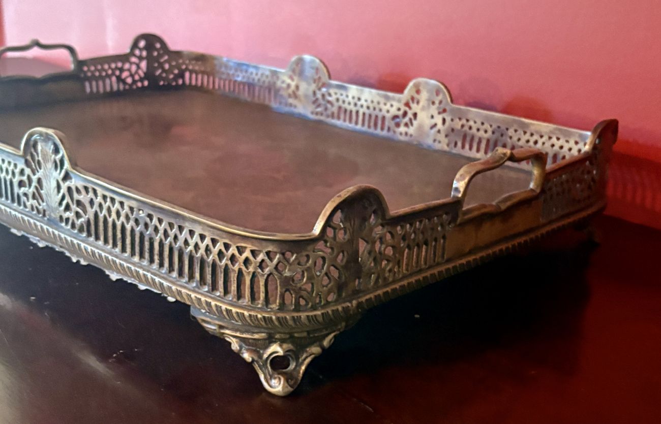 Castilian Large Rectangular Brass Gallery Tray with Etched Interior