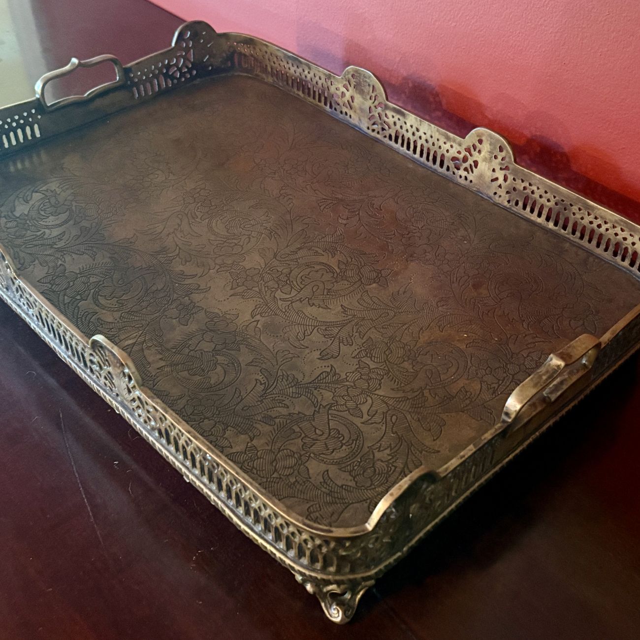 Castilian Large Rectangular Brass Gallery Tray with Etched Interior
