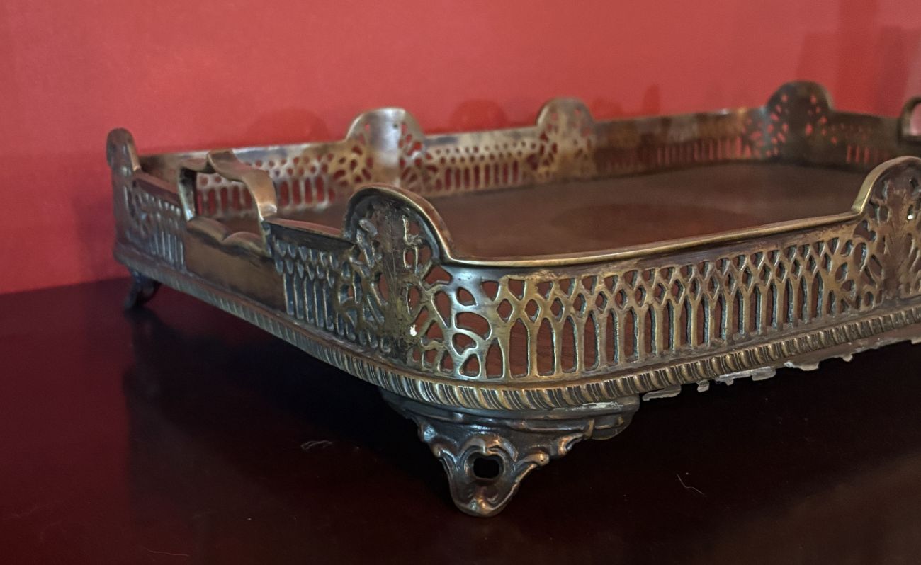 Castilian Large Rectangular Brass Gallery Tray with Etched Interior