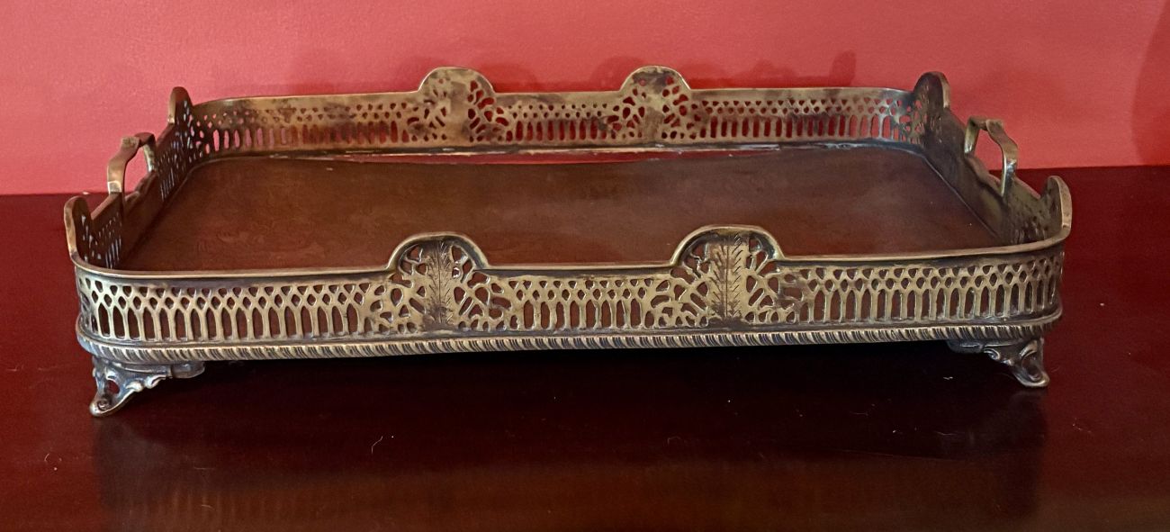 Castilian Large Rectangular Brass Gallery Tray with Etched Interior