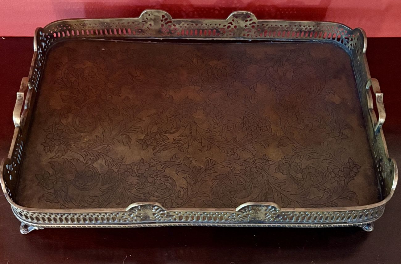 Castilian Large Rectangular Brass Gallery Tray with Etched Interior