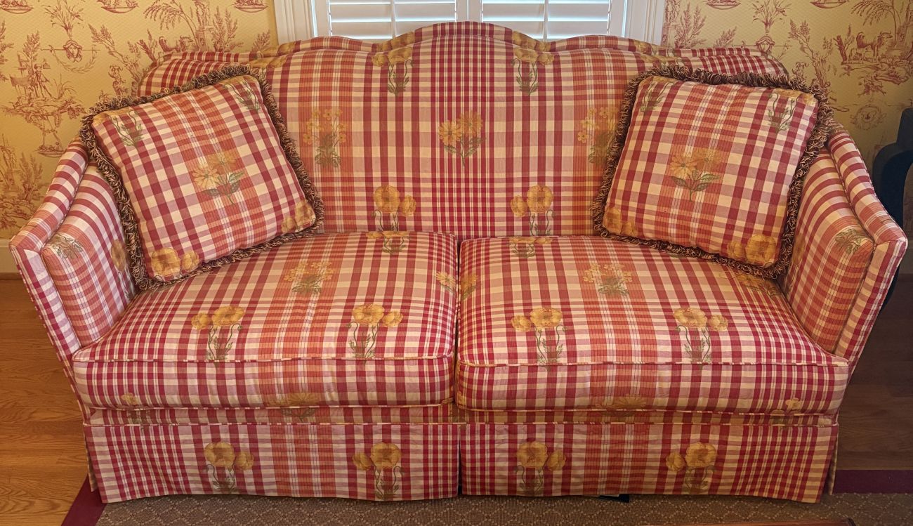 Pearson Upholstered Camelback Loveseat in Poppy Gingham