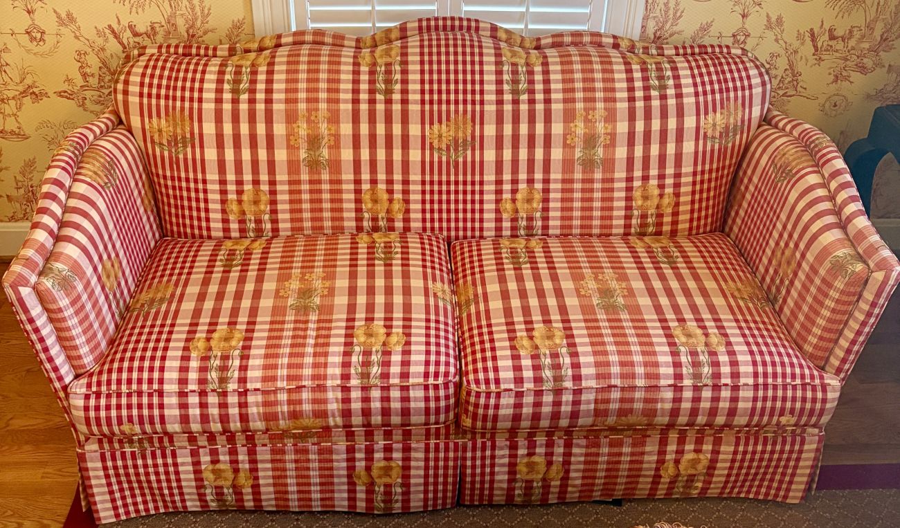 Pearson Upholstered Camelback Loveseat in Poppy Gingham