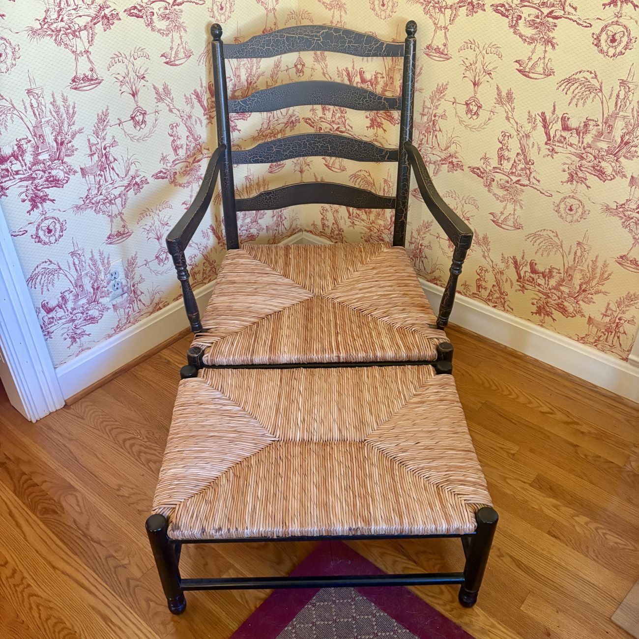 Ladderback Armchair and Matching Ottoman with Woven Rush Seats, pictured Cousins Included