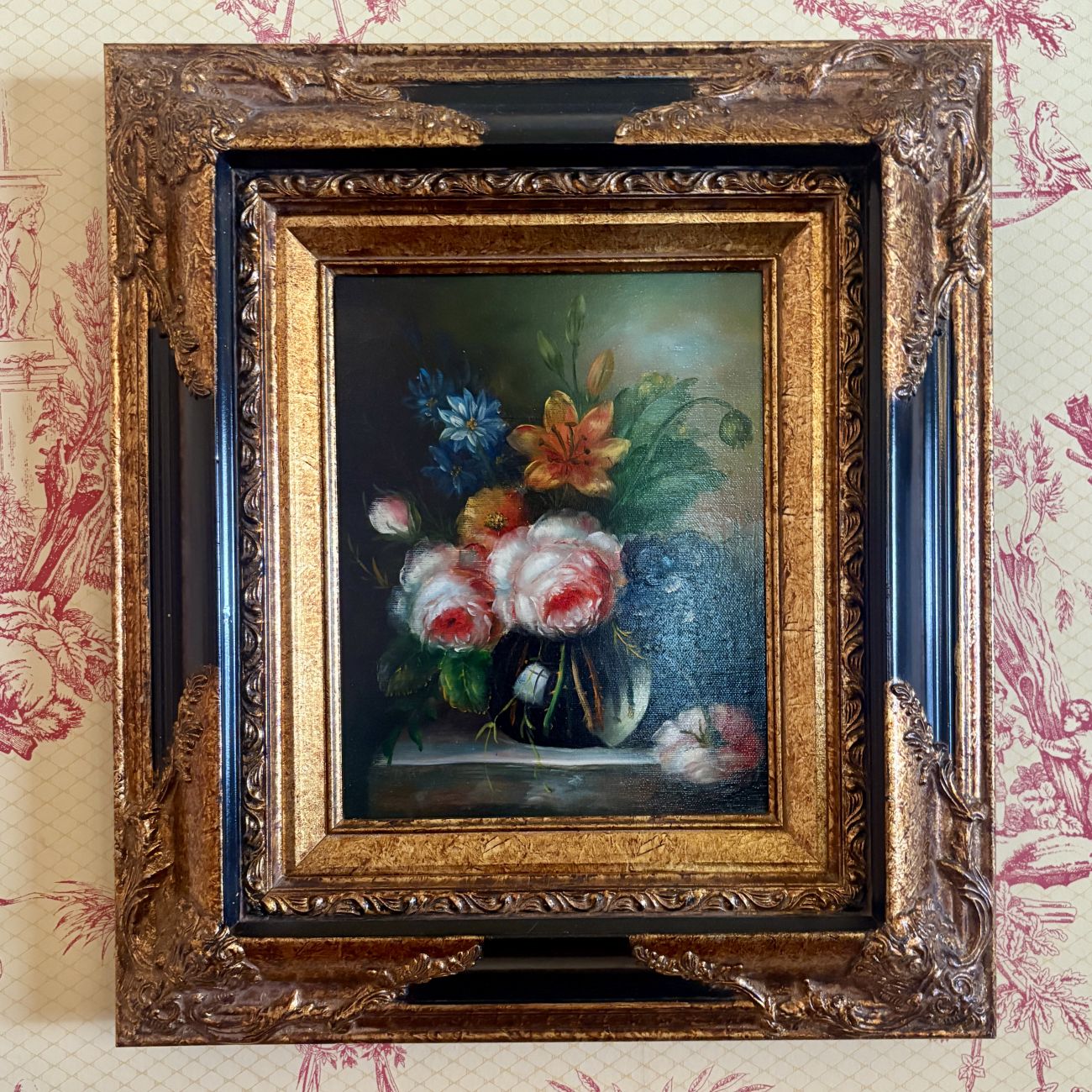 European School Still Life of Flowers in a Gilded and Ebonized Frame