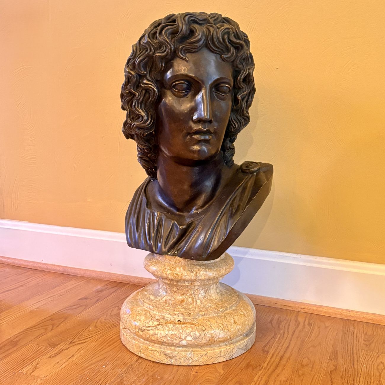 Large Bronze Bust of Alexander the Great on Yellow Marble Socle Base